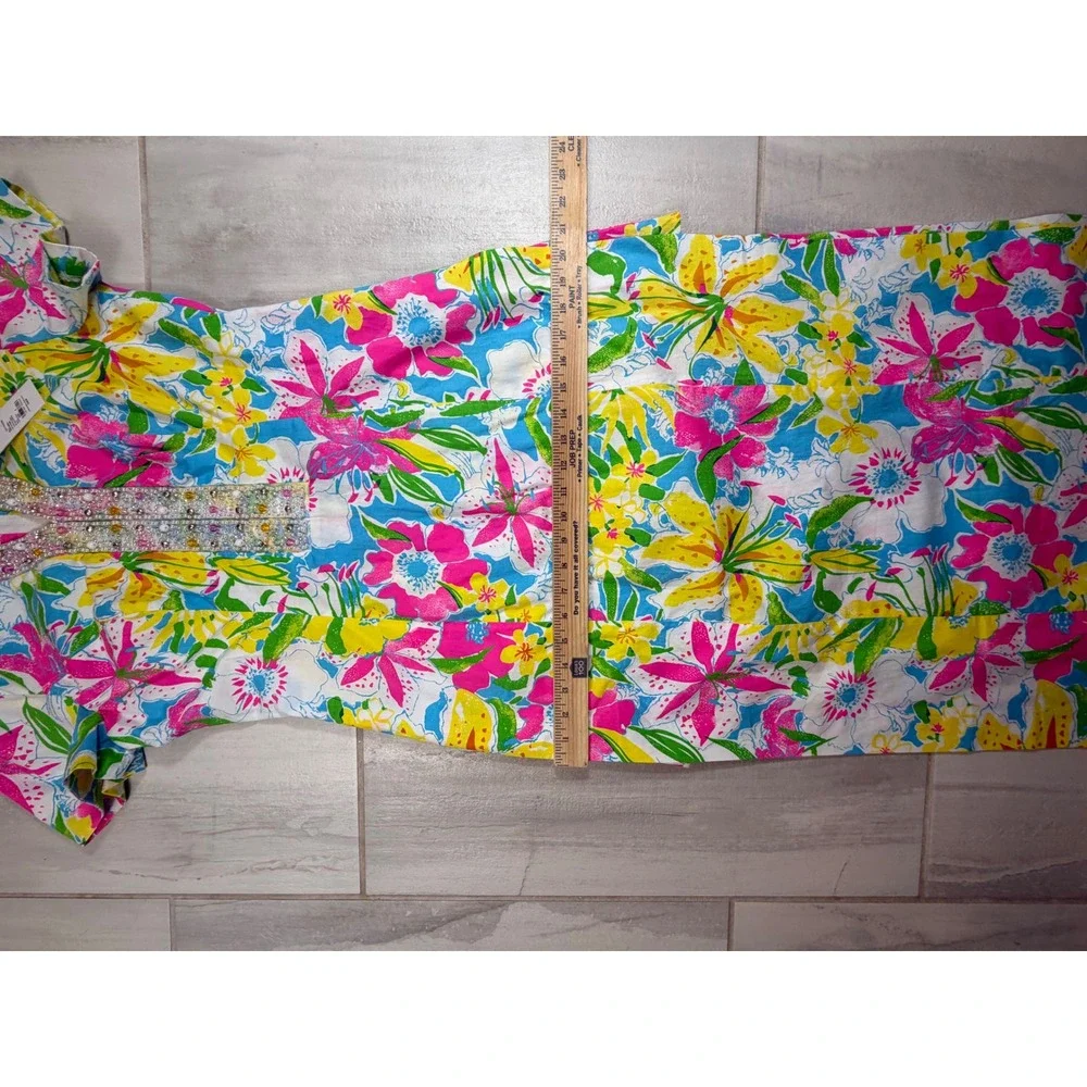 Lilly Pulitzer Floral Beaded Maxi Dress Pink Yellow Blue Short Sleeve Size 6